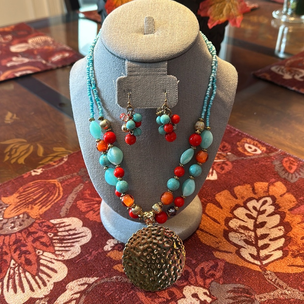 Teal and Coral Earrings and Necklace Set